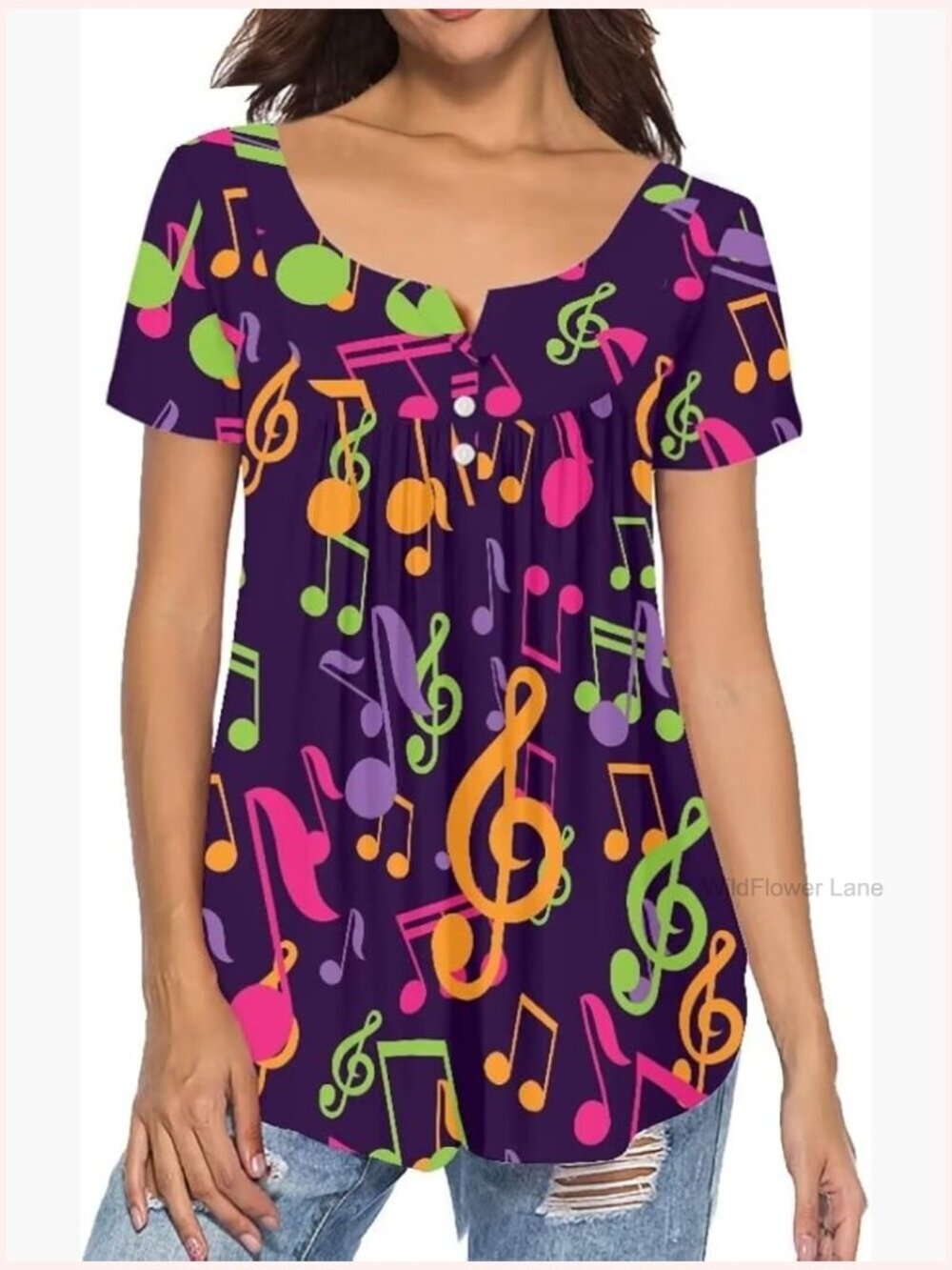 Rose Tunic Top Short Sleeve V-Neck Button Pleated Flare
